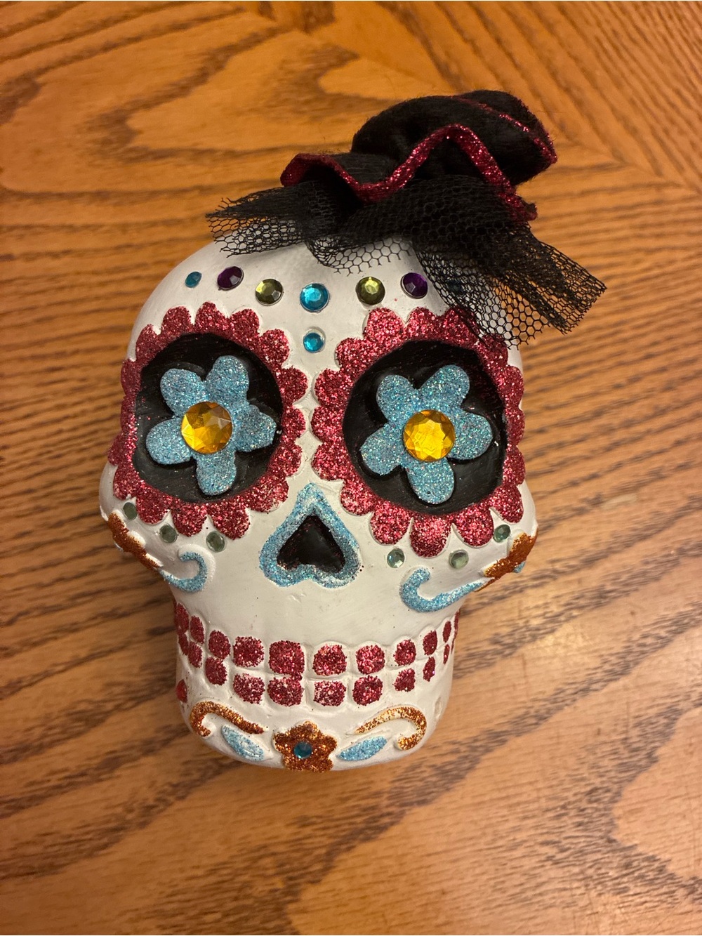 Day of the Dead Sugar Skull Figurine with Black Tulle Hat & Glitter Bling